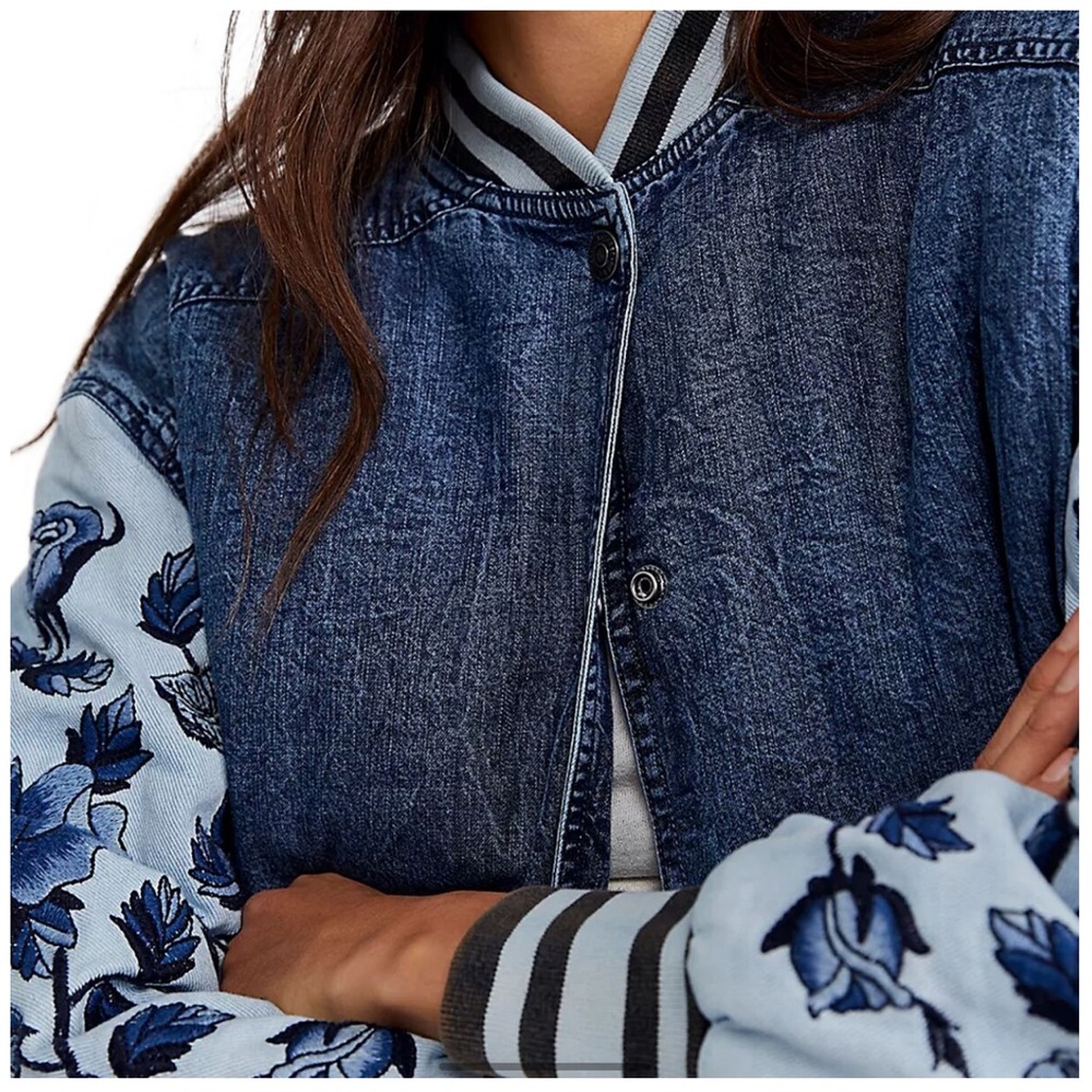 Free People Denim and White Floral Varsity Jacket - Picture 5 of 5